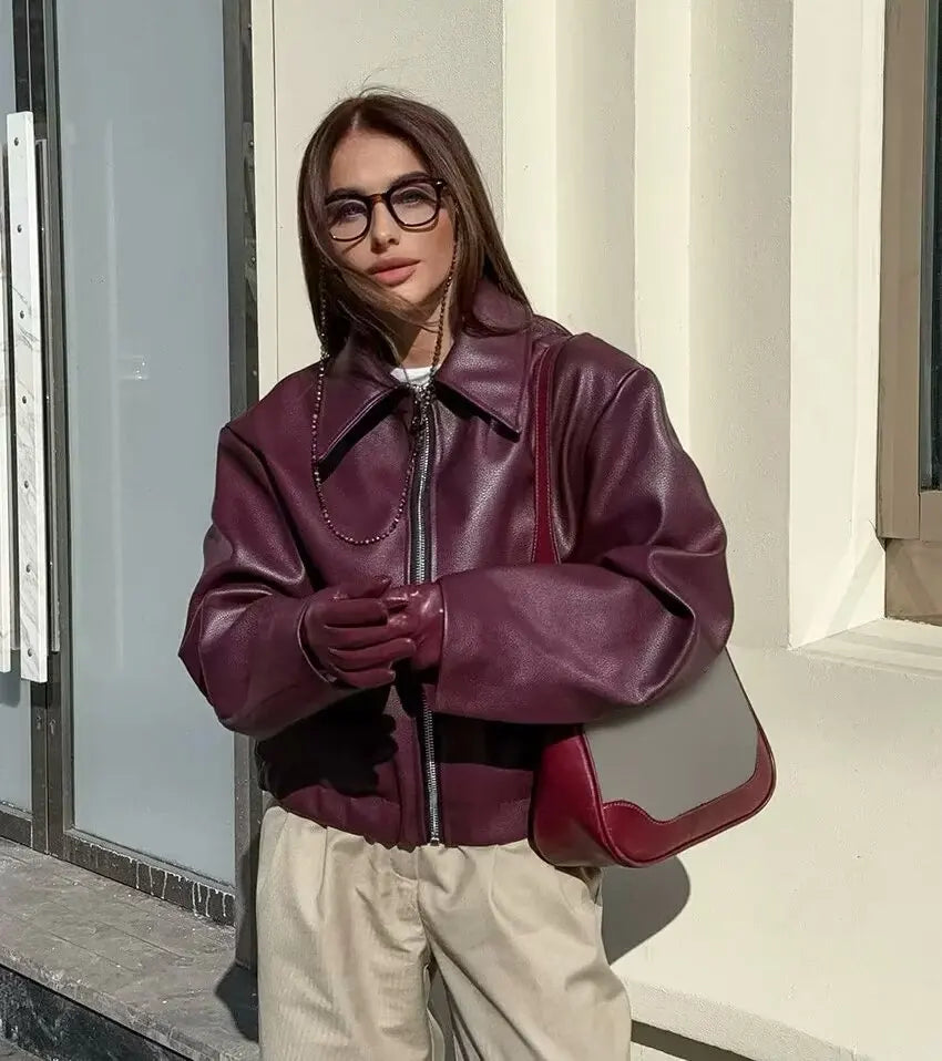 Women's Cropped Faux Leather Zip Jacket in Burgundy