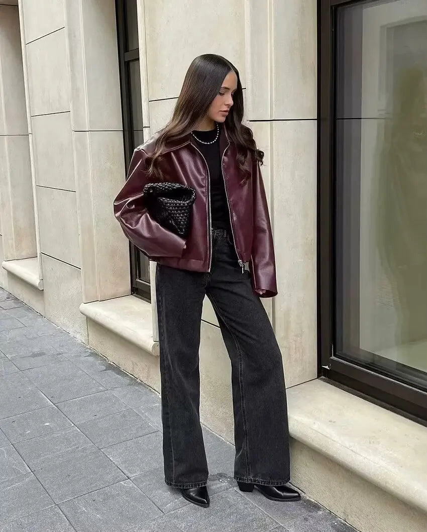 Women's Cropped Faux Leather Zip Jacket in Burgundy
