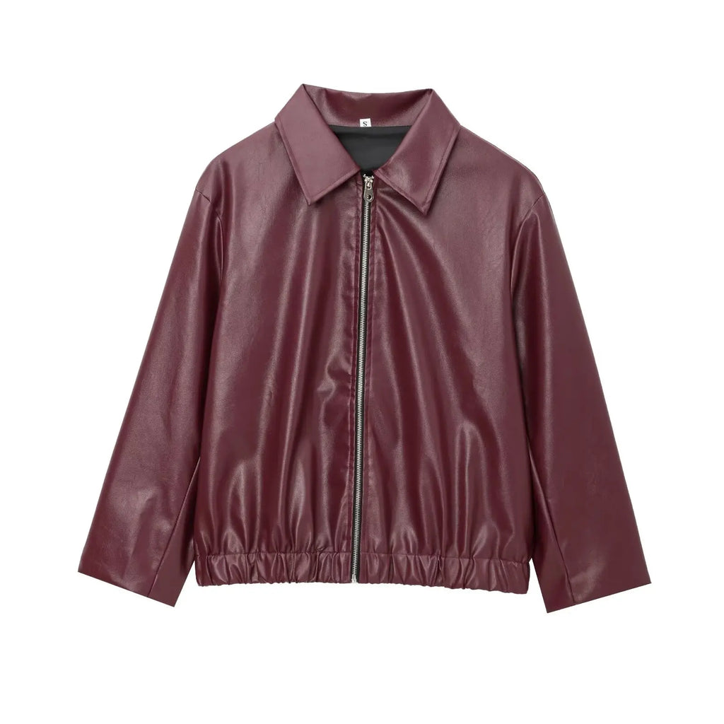 Women's Cropped Faux Leather Zip Jacket in Burgundy