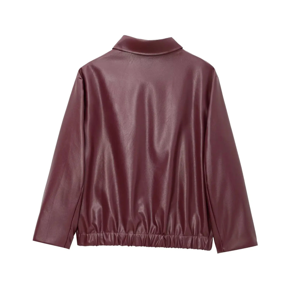 Women's Cropped Faux Leather Zip Jacket in Burgundy