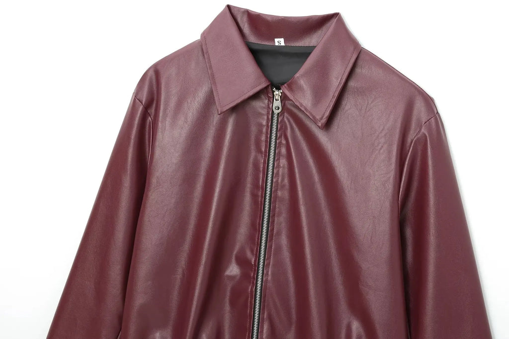 Women's Cropped Faux Leather Zip Jacket in Burgundy