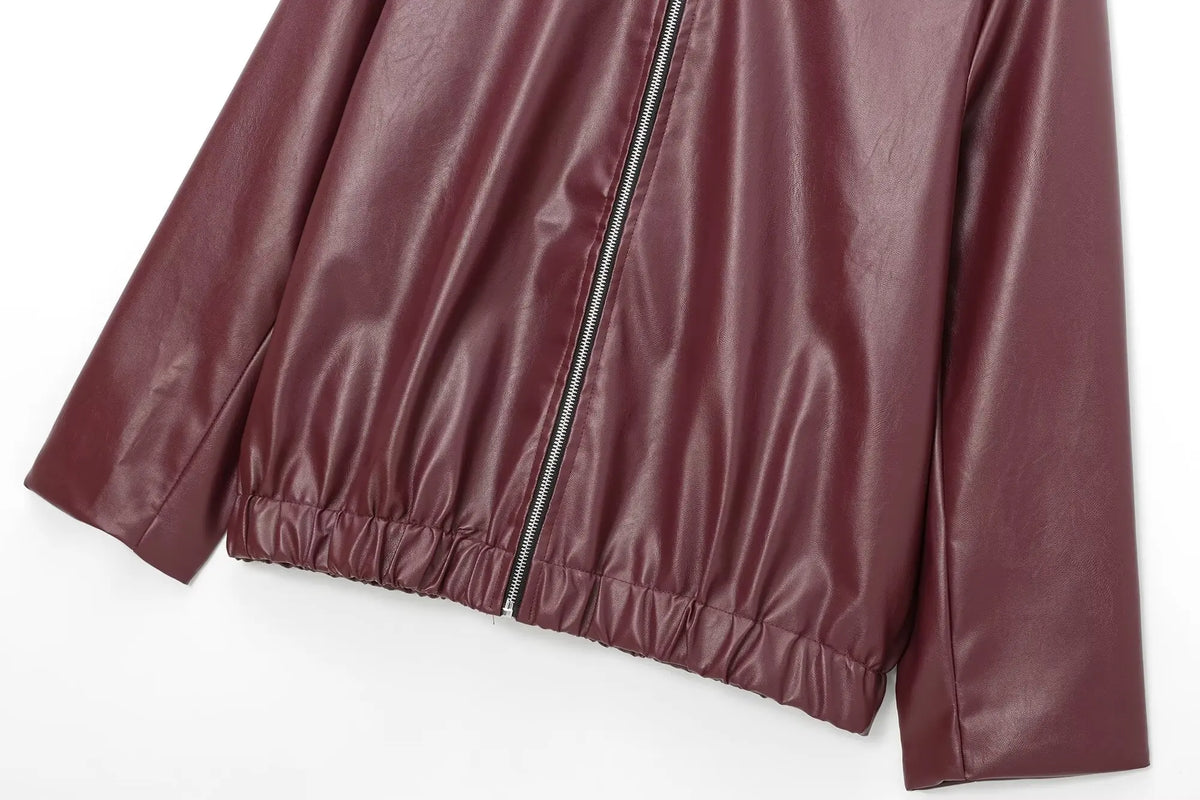 Women's Cropped Faux Leather Zip Jacket in Burgundy