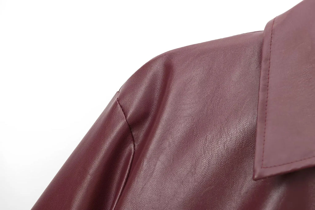 Women's Cropped Faux Leather Zip Jacket in Burgundy