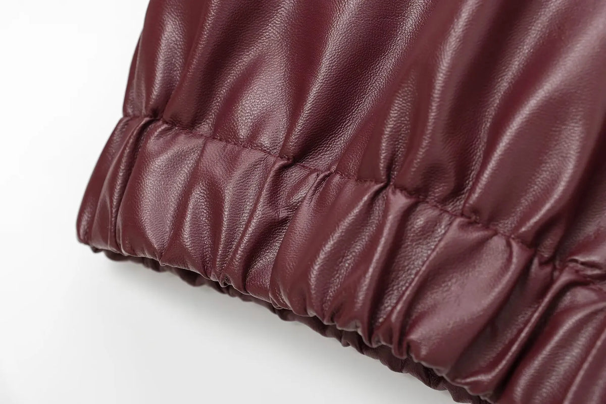 Women's Cropped Faux Leather Zip Jacket in Burgundy