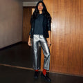 Women's Metallic Cropped Straight-Leg Faux Leather Pants in Silver