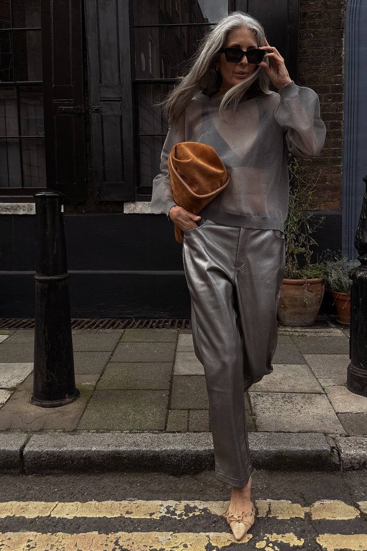 Women's Metallic Cropped Straight-Leg Faux Leather Pants in Silver