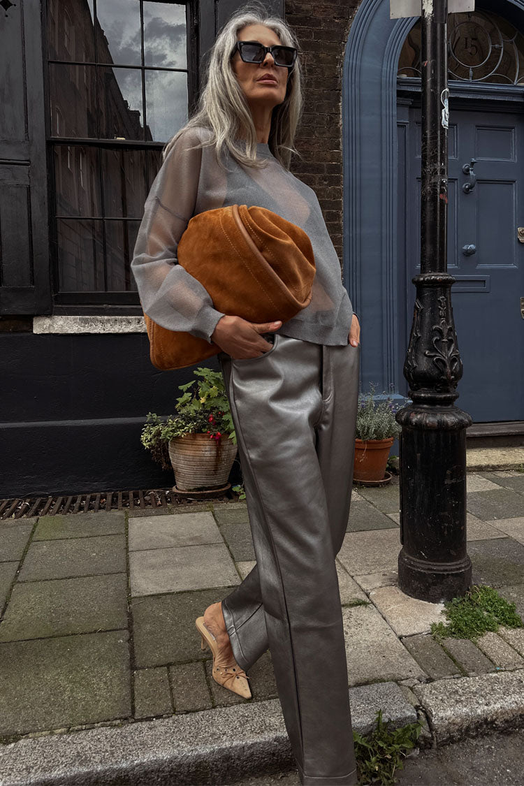 Women's Metallic Cropped Straight-Leg Faux Leather Pants in Silver