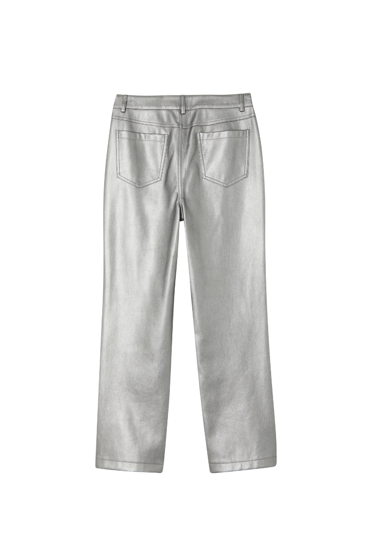 Women's Metallic Cropped Straight-Leg Faux Leather Pants in Silver
