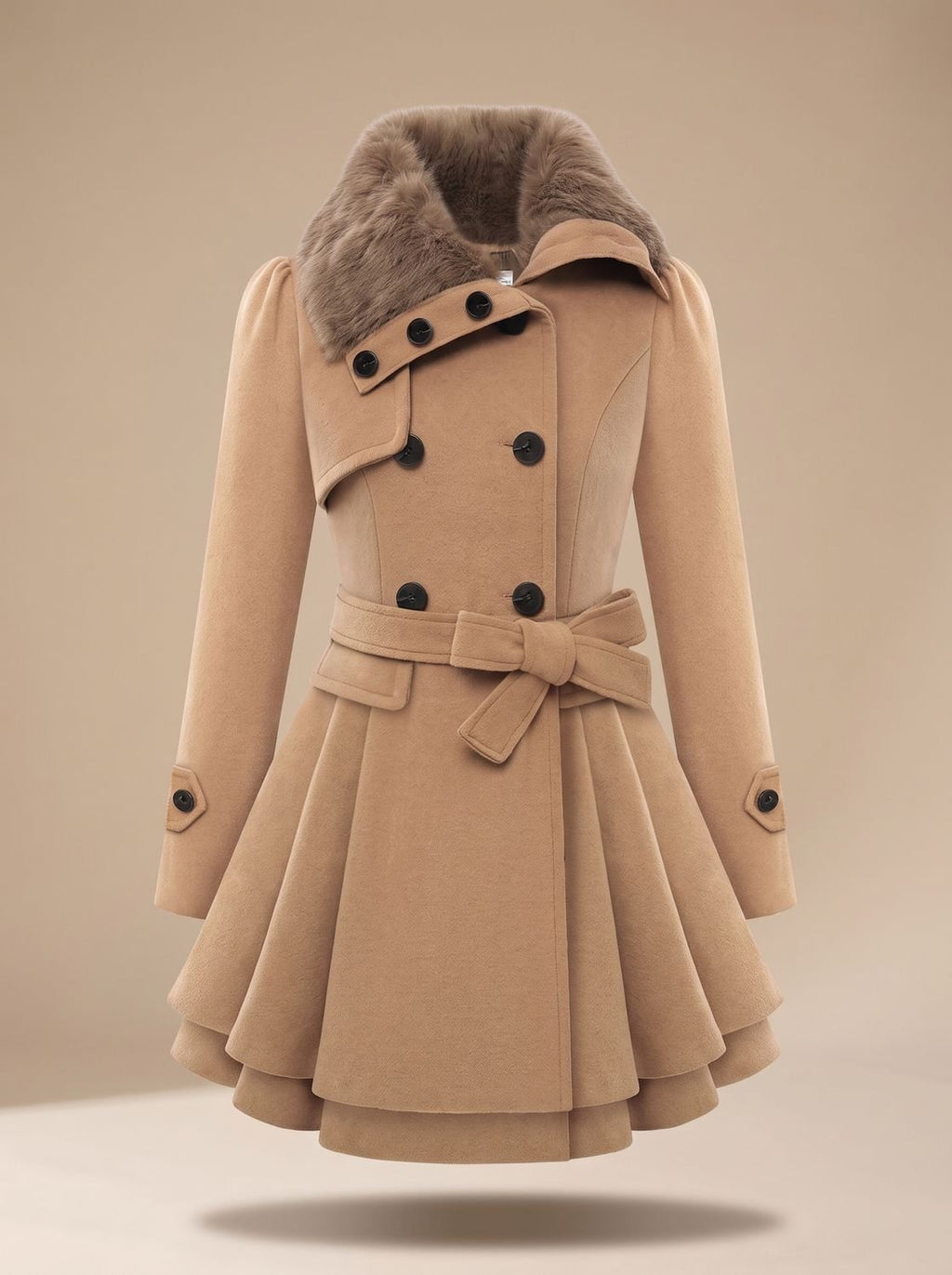 Women's Double-Breasted Belted Swing Coat with Faux Fur Collar