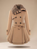 Women's Double-Breasted Belted Swing Coat with Faux Fur Collar