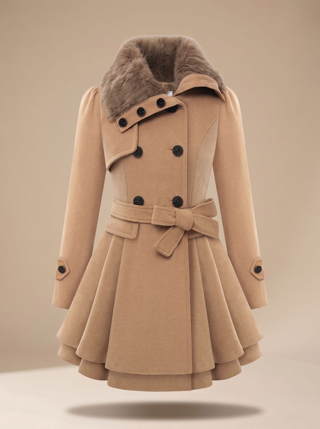 Women's Double-Breasted Belted Swing Coat with Faux Fur Collar