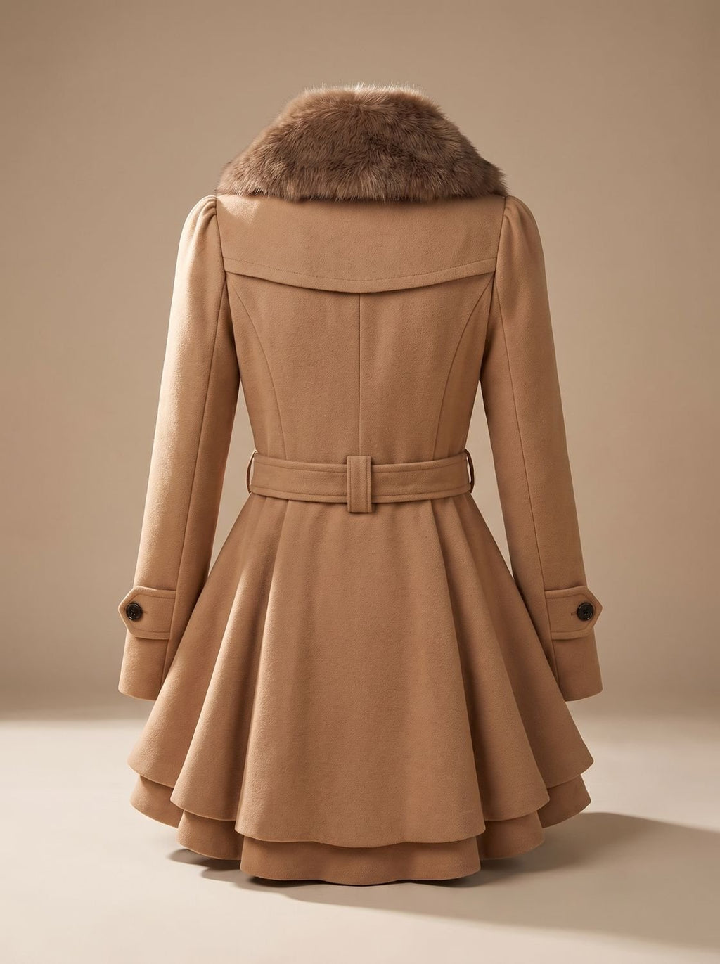 Women's Double-Breasted Belted Swing Coat with Faux Fur Collar