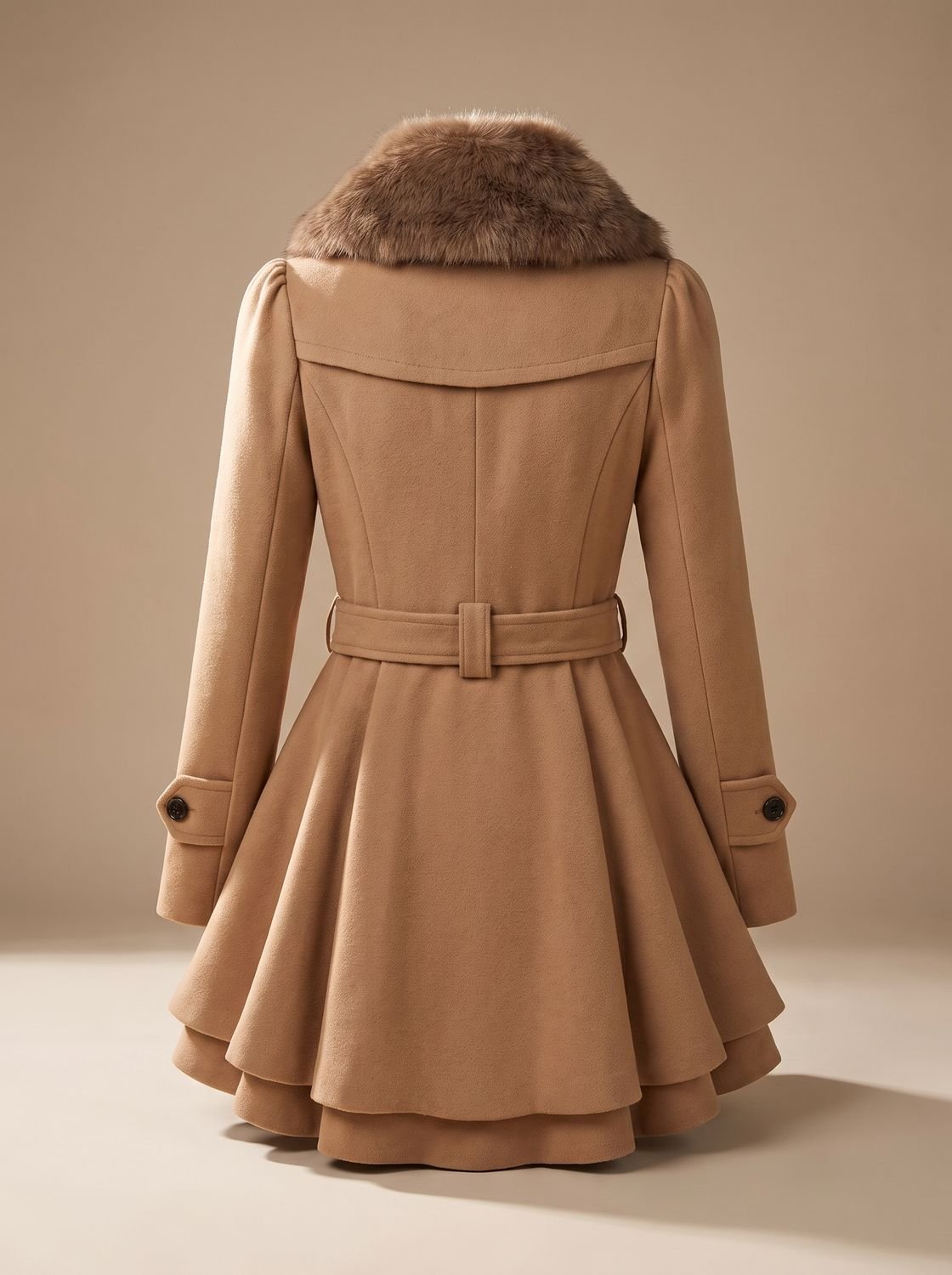 Women's Double-Breasted Belted Swing Coat with Faux Fur Collar