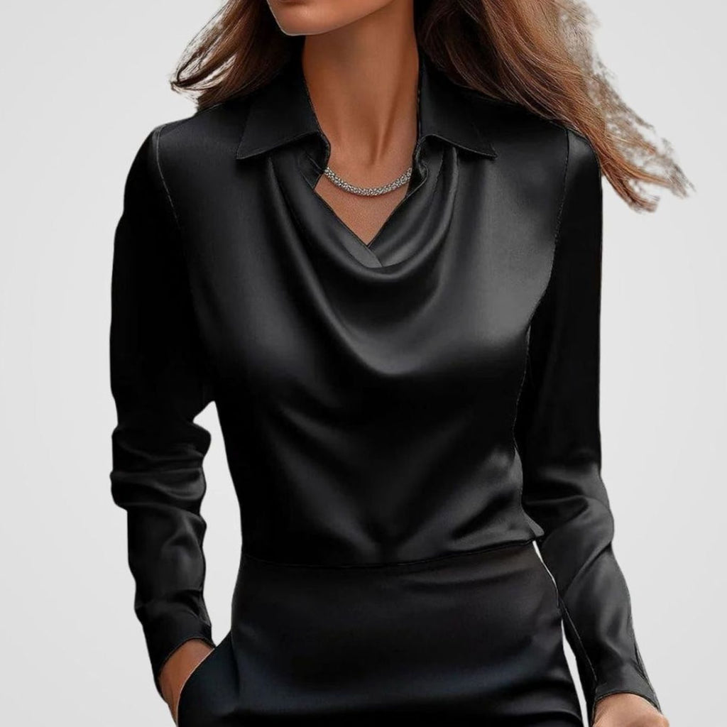 Women's Satin Draped Neck Collared Blouse