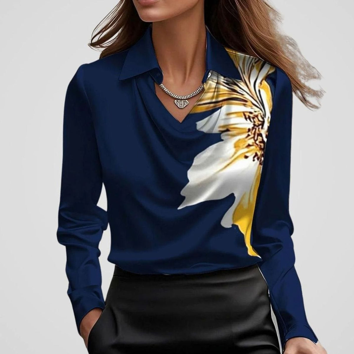 Women's Satin Draped Neck Collared Blouse