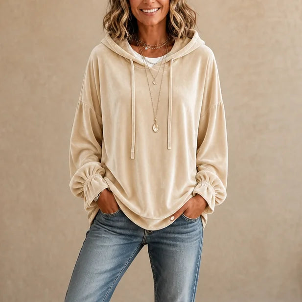 Women's Oversized Velvet Drawstring Hoodie with Gathered Cuffs