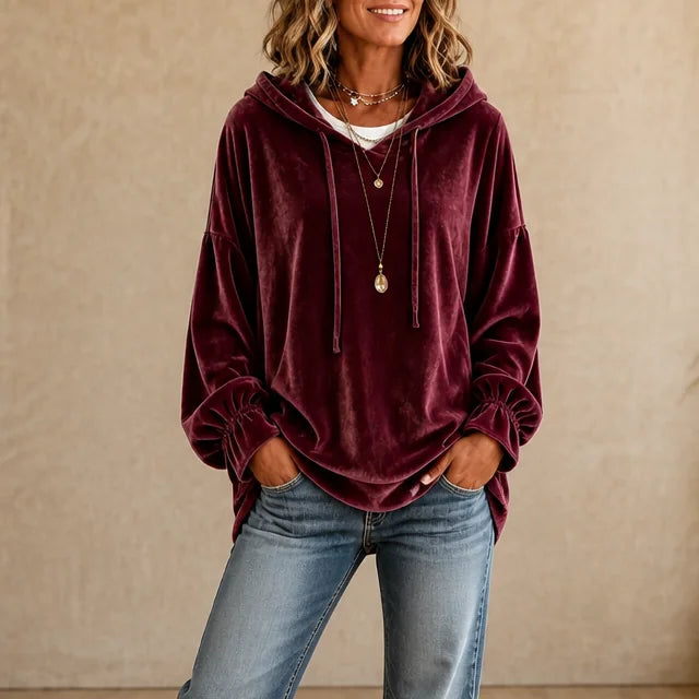 Women's Oversized Velvet Drawstring Hoodie with Gathered Cuffs