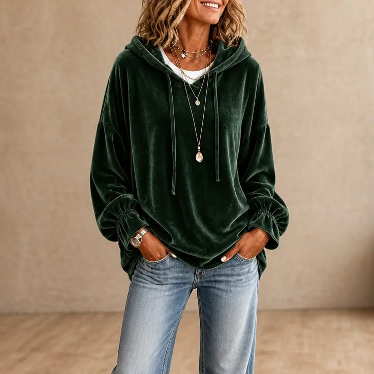 Women's Oversized Velvet Drawstring Hoodie with Gathered Cuffs