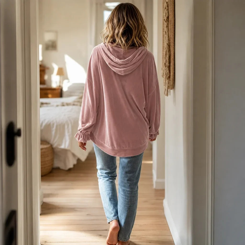 Women's Oversized Velvet Drawstring Hoodie with Gathered Cuffs