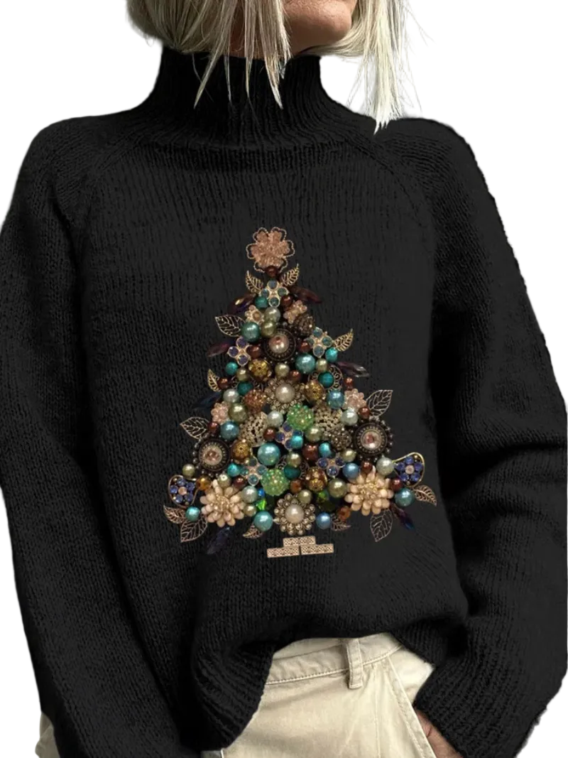 Women's Beaded Christmas Tree Sweater Turtleneck