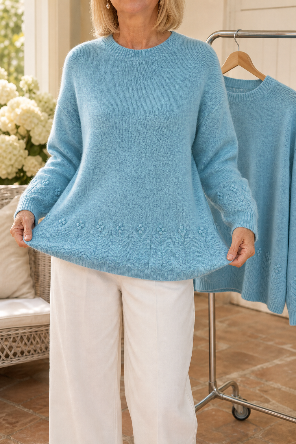 Women's Embroidered Cable Knit Crew Neck Sweater