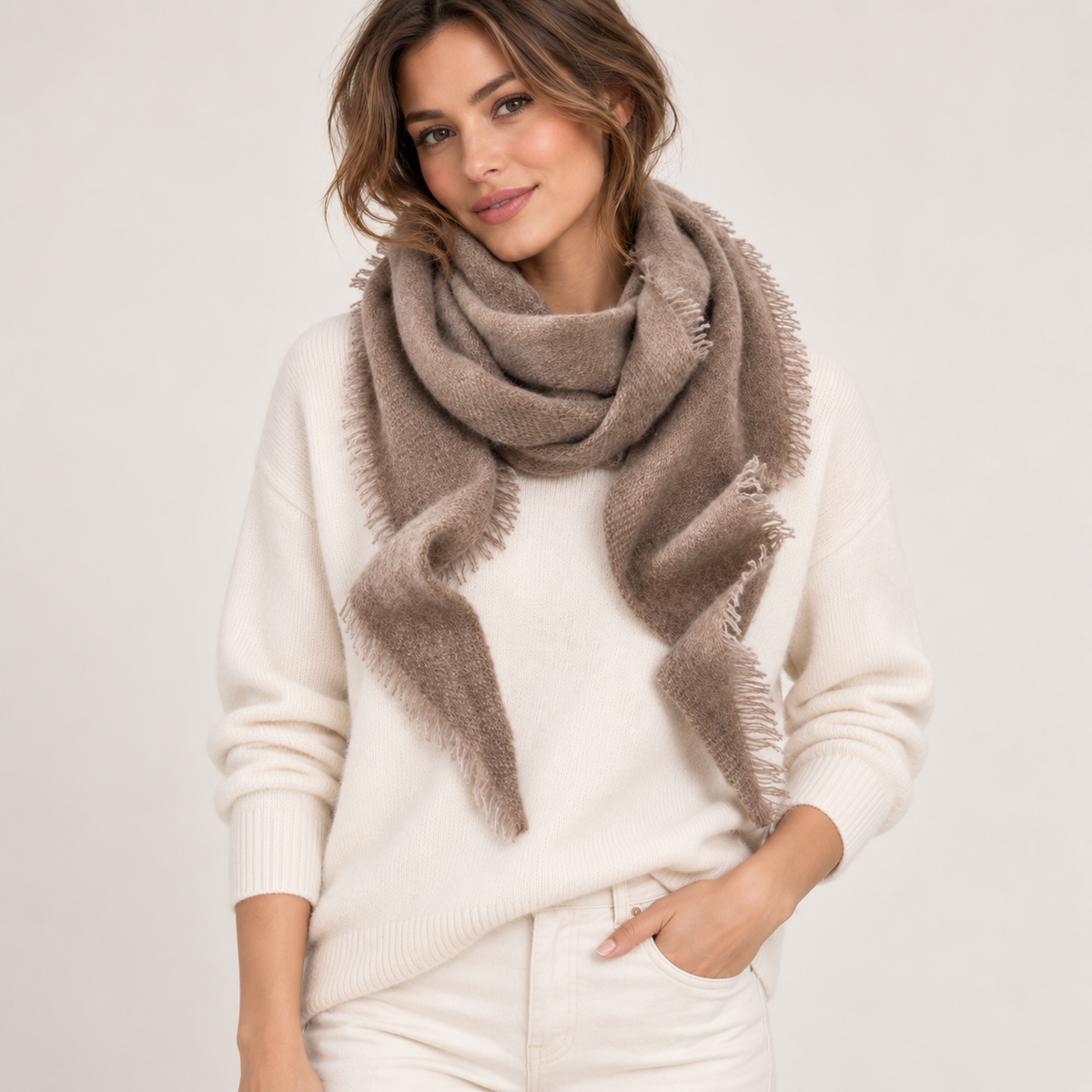 Women's Eyelash Fringe Cashmere-Feel Triangle Scarf in Taupe