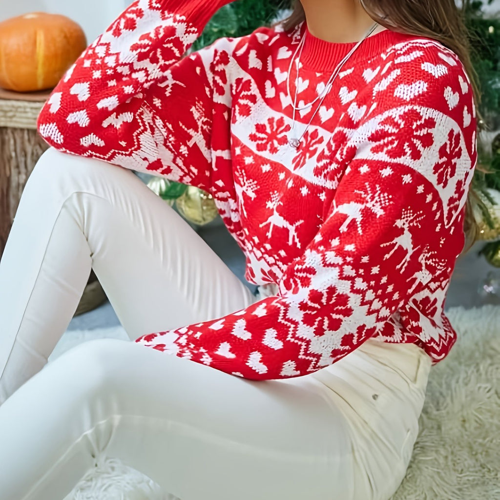 Women's Fair Isle Snowflake Christmas Sweater Red and White