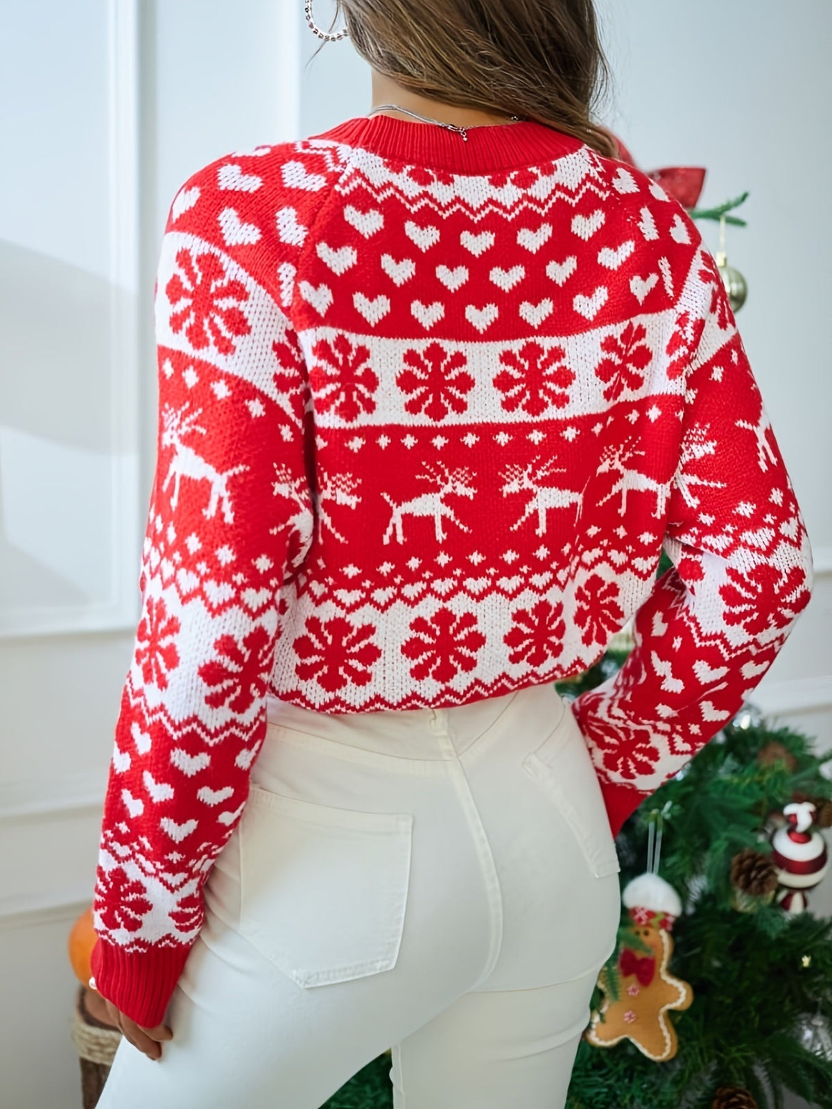 Women's Fair Isle Snowflake Christmas Sweater Red and White