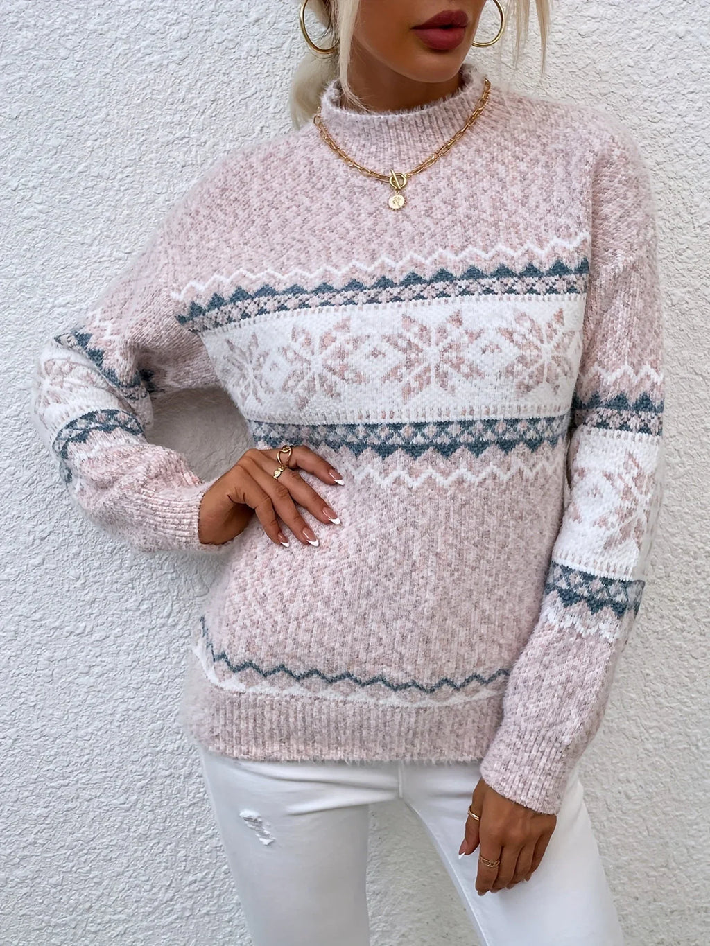 Women's Fair Isle Snowflake Christmas Sweater Mock Neck