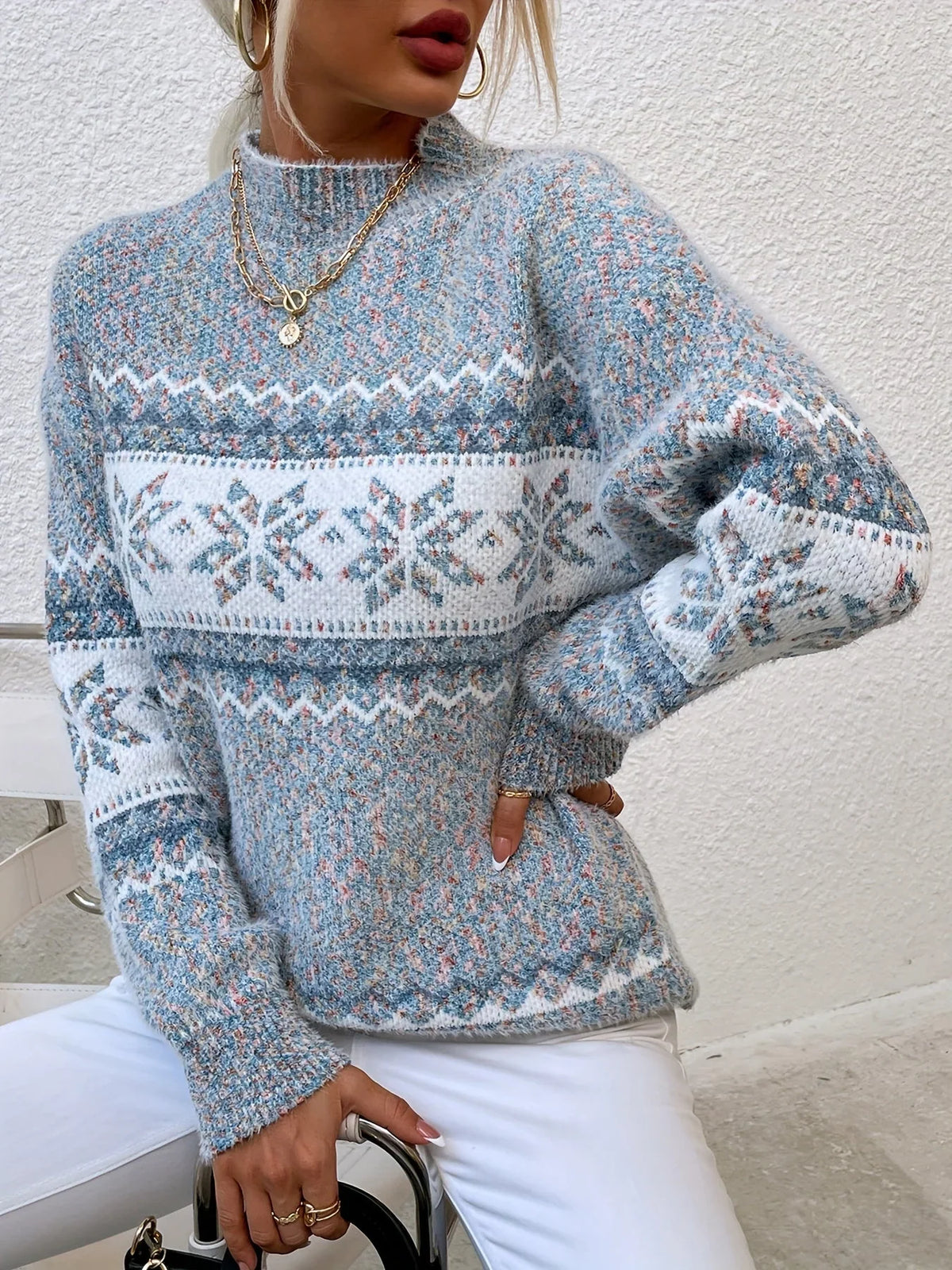 Women's Fair Isle Snowflake Christmas Sweater Mock Neck