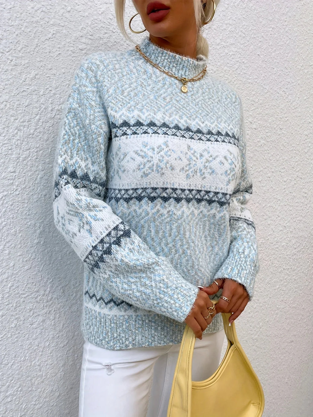 Women's Fair Isle Snowflake Christmas Sweater Mock Neck