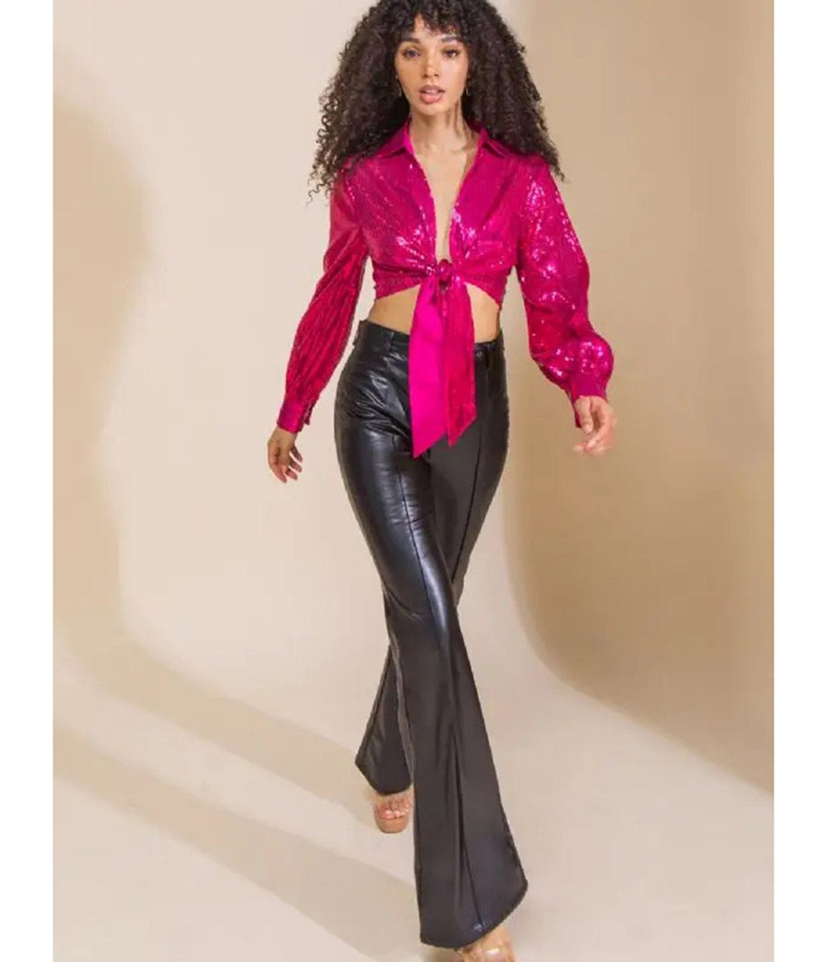 Women's Faux Leather High-Waisted Flare Pants in Black