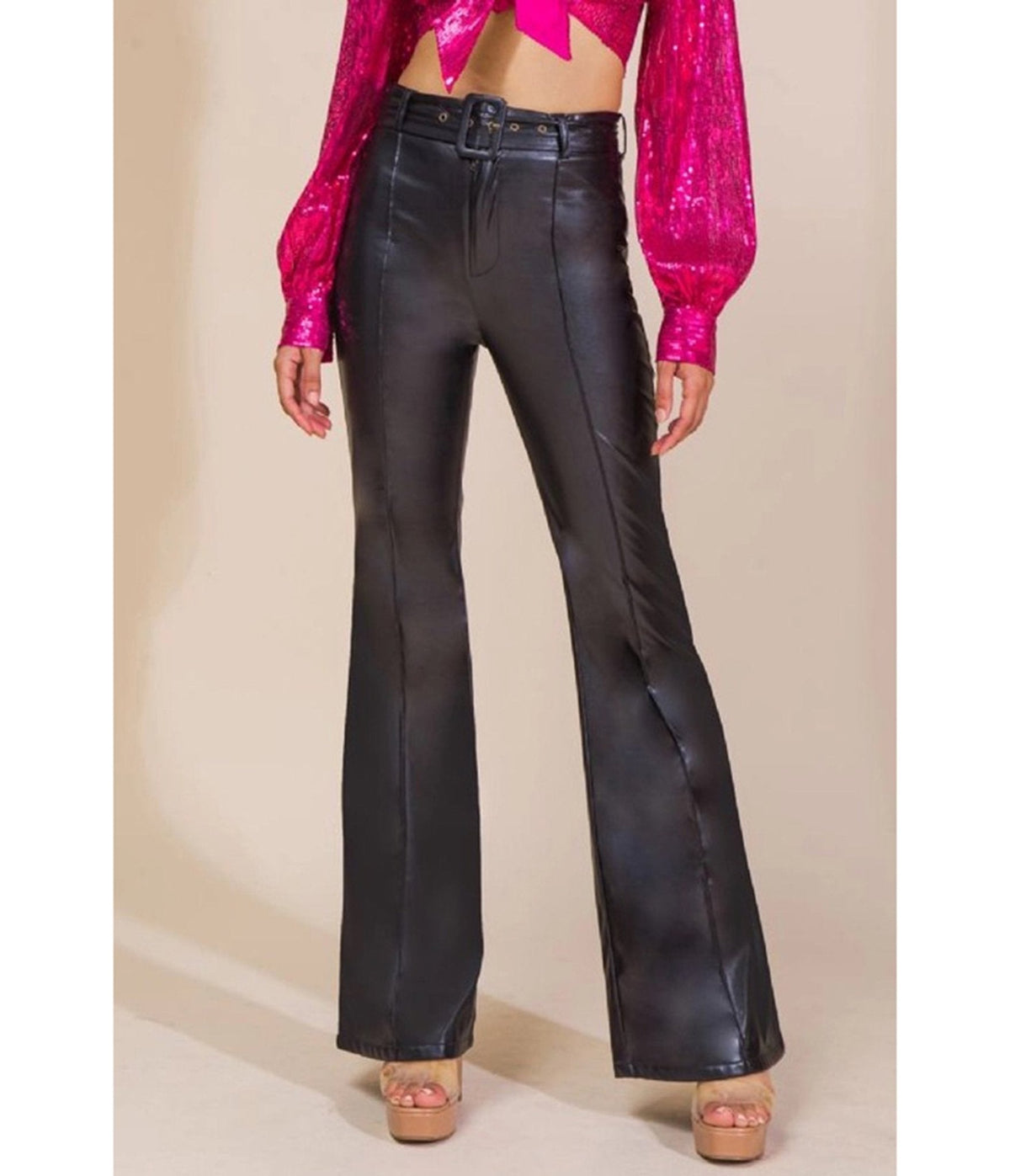 Women's Faux Leather High-Waisted Flare Pants in Black