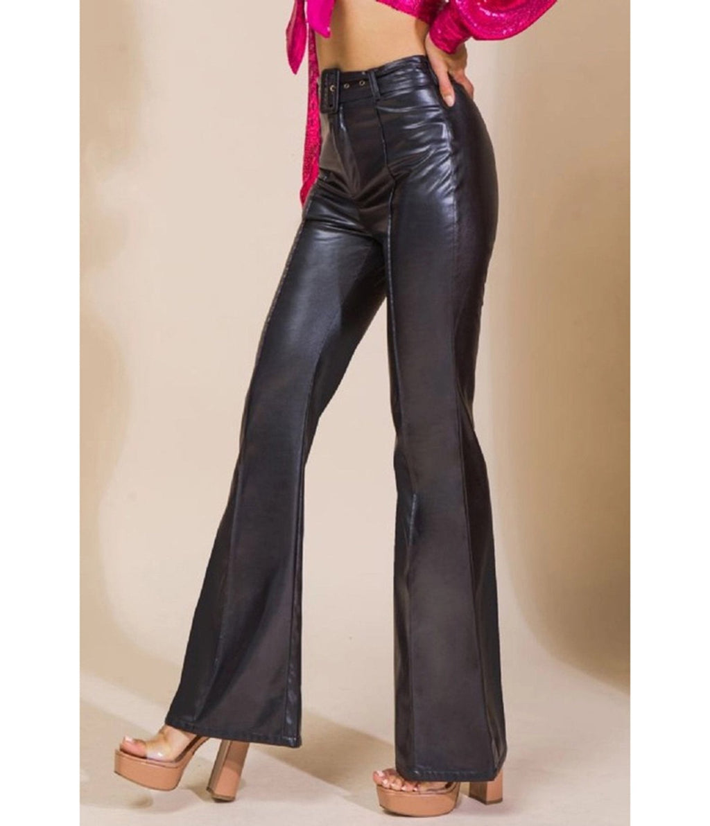 Women's Faux Leather High-Waisted Flare Pants in Black