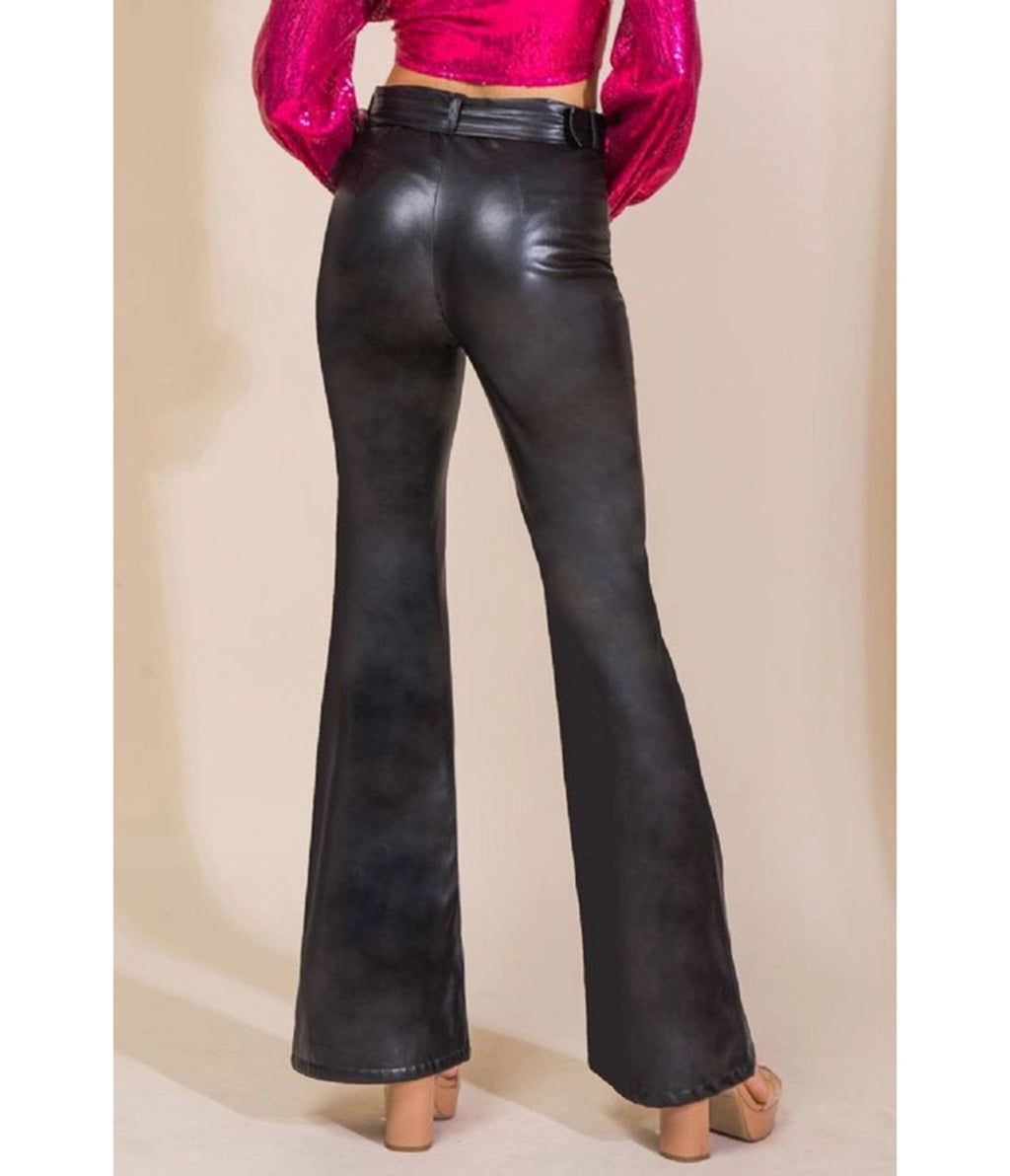 Women's Faux Leather High-Waisted Flare Pants in Black