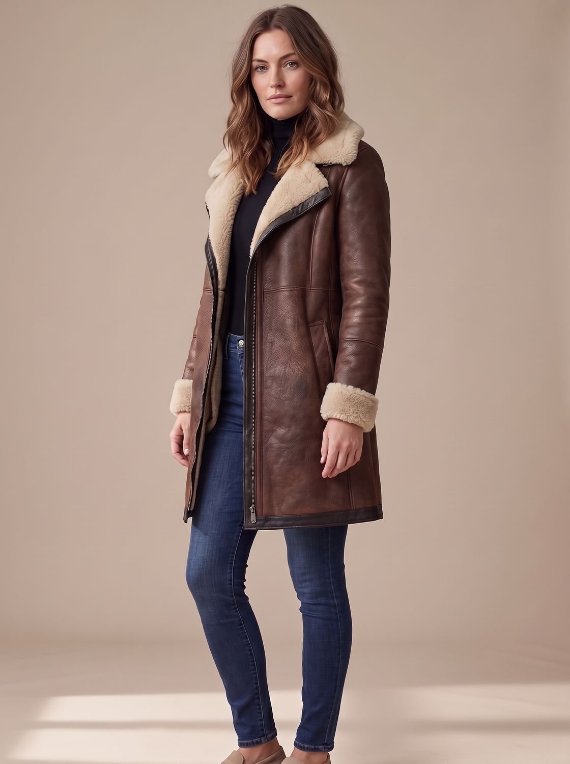 Women's Faux Suede Shearling Trim Zip-Up Coat