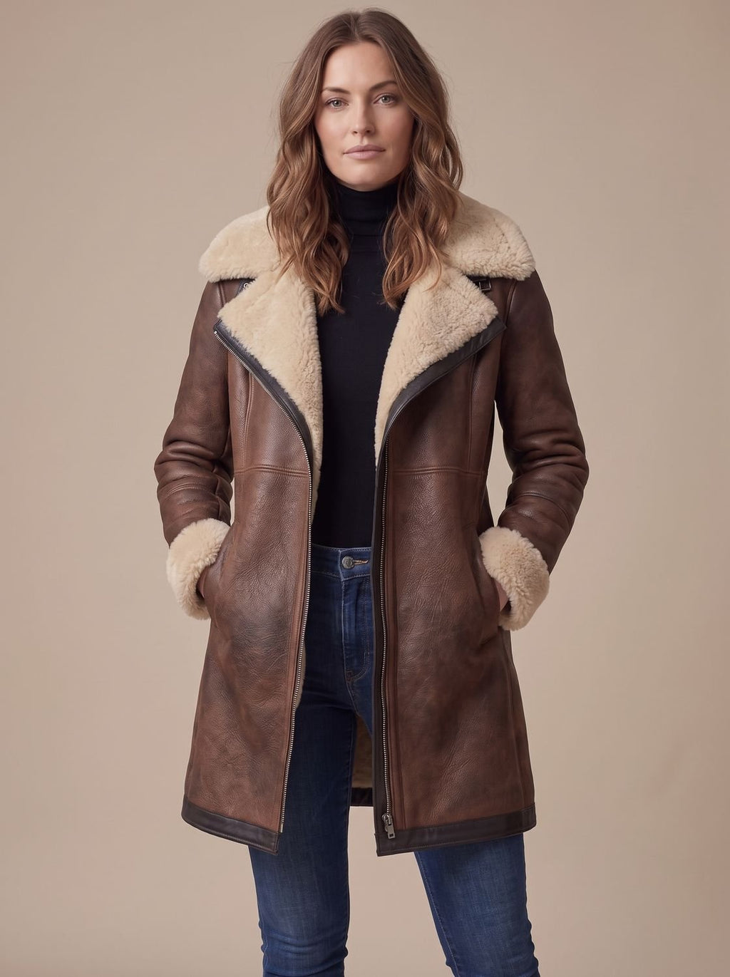 Women's Faux Suede Shearling Trim Zip-Up Coat