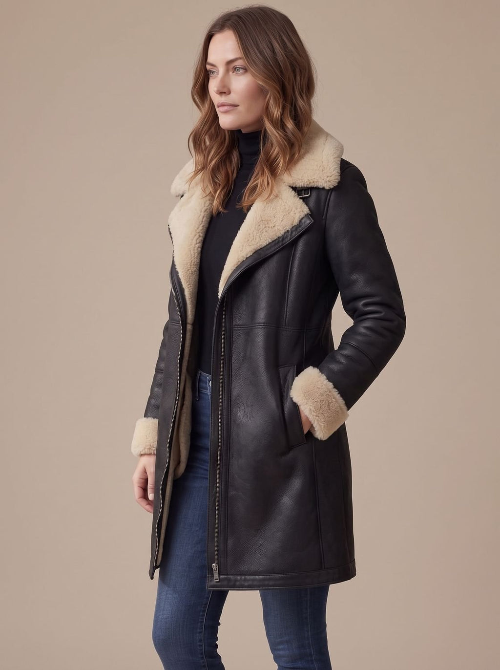 Women's Faux Suede Shearling Trim Zip-Up Coat