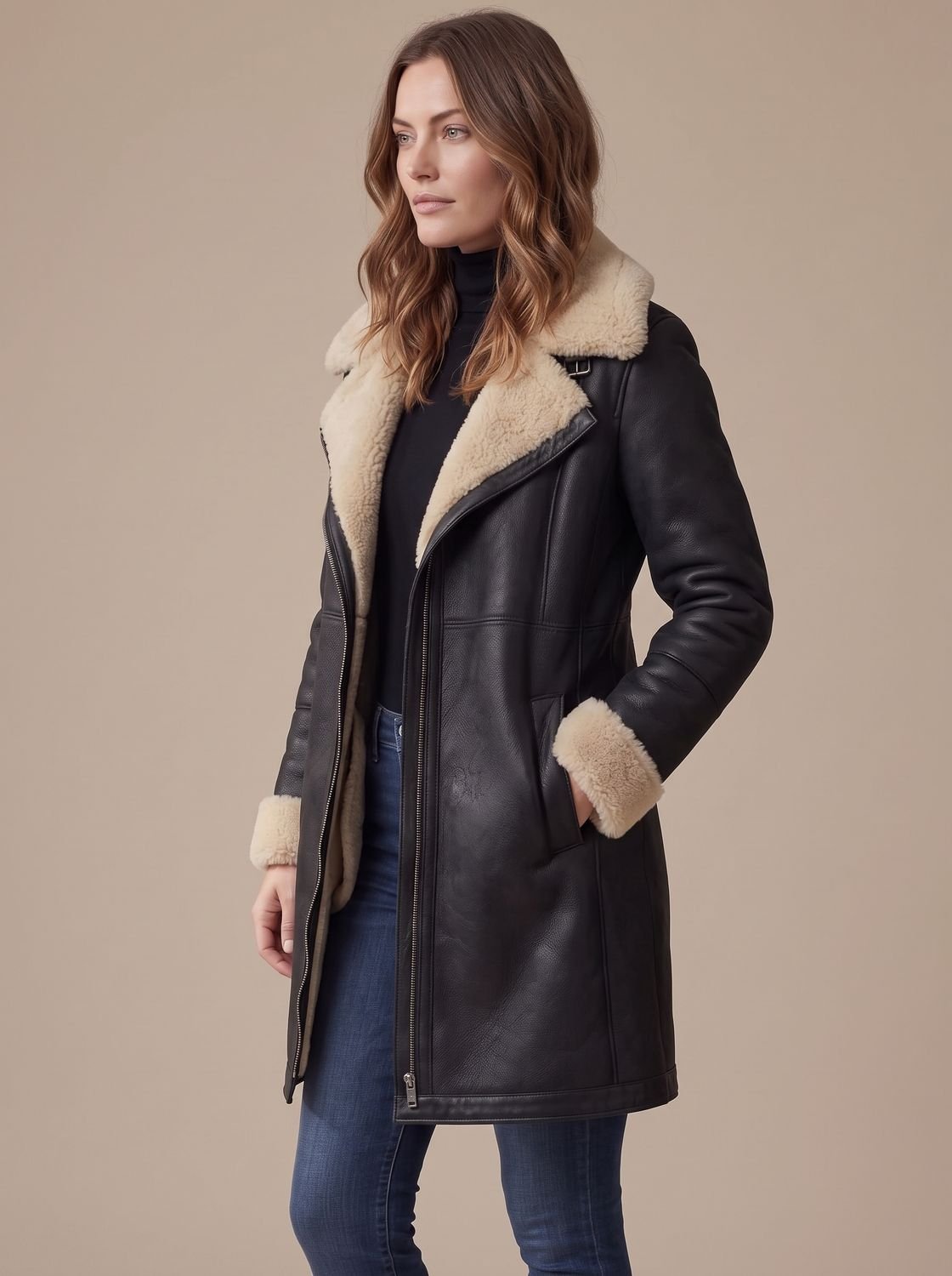 Women's Faux Suede Shearling Trim Zip-Up Coat