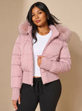 Women's Cropped Puffer Jacket with Faux Fur Hood