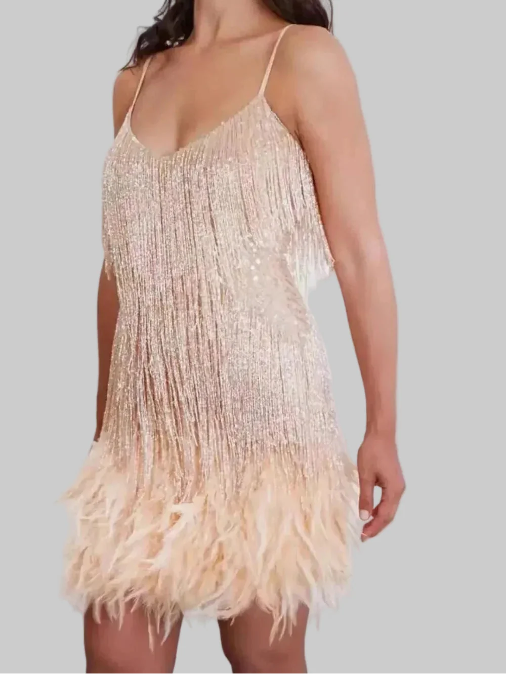 Women's Fringe Overlay Mini Dress with Thin Straps