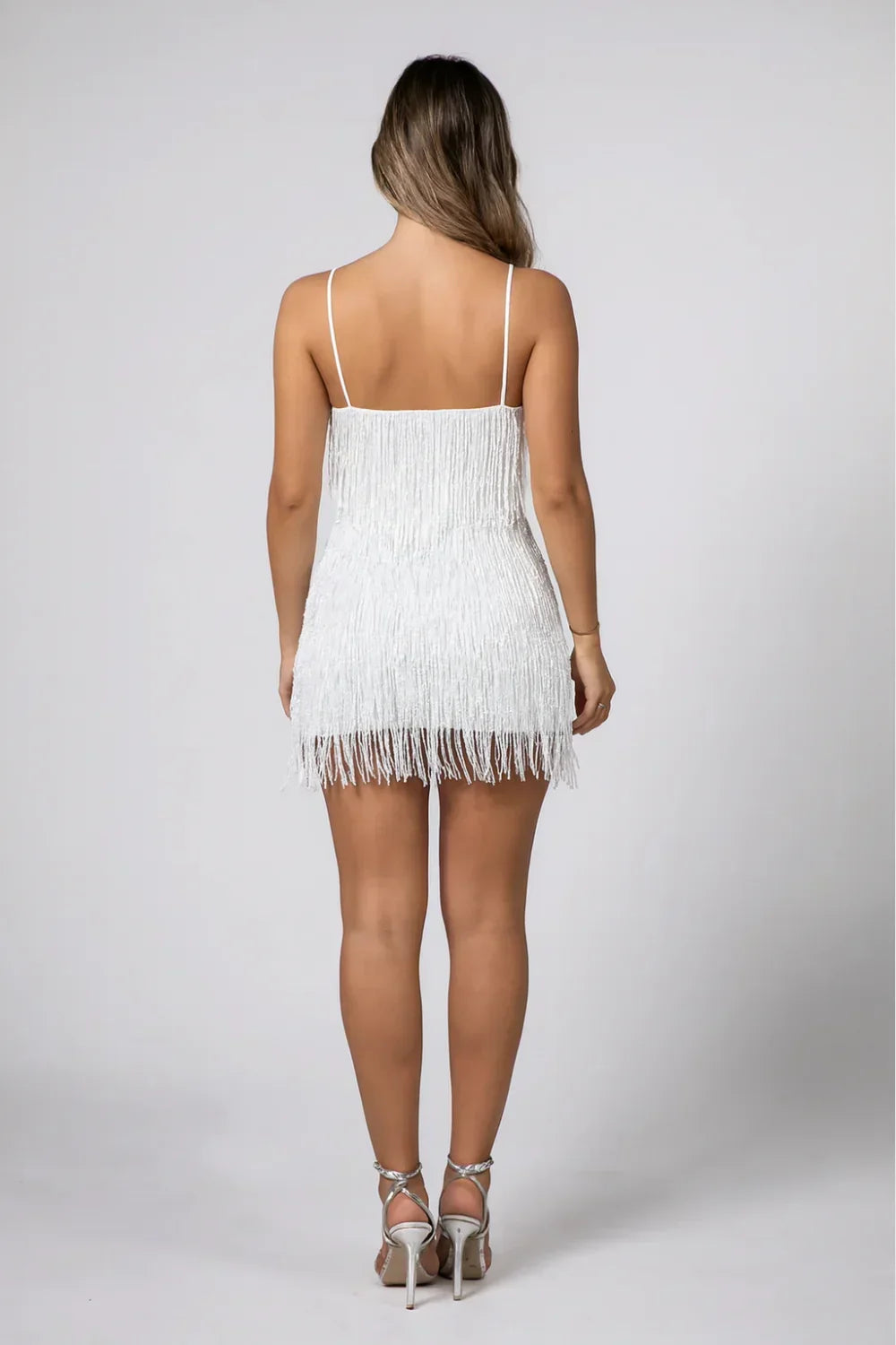 Women's Fringe Overlay Mini Dress with Thin Straps