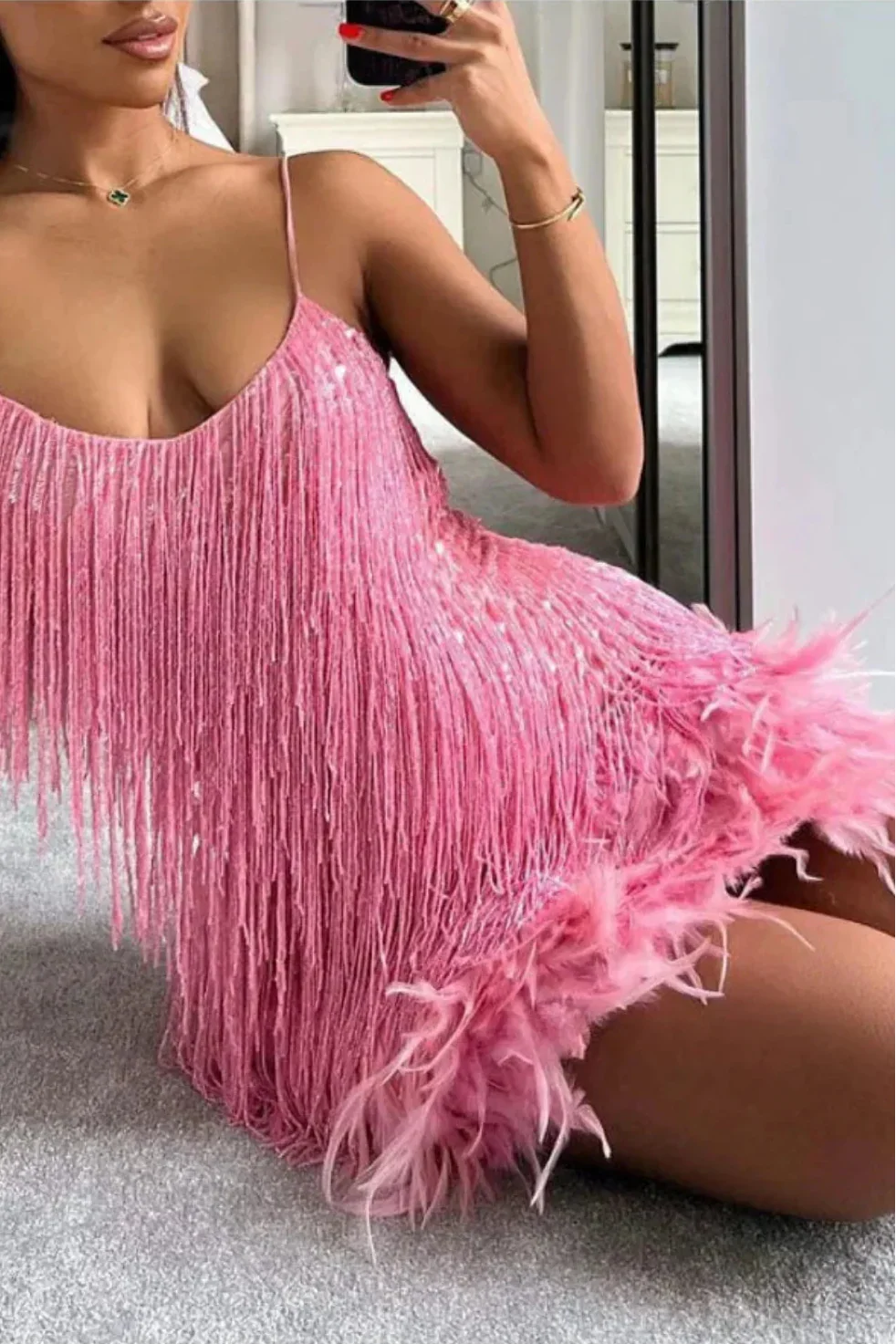 Women's Fringe Overlay Mini Dress with Thin Straps