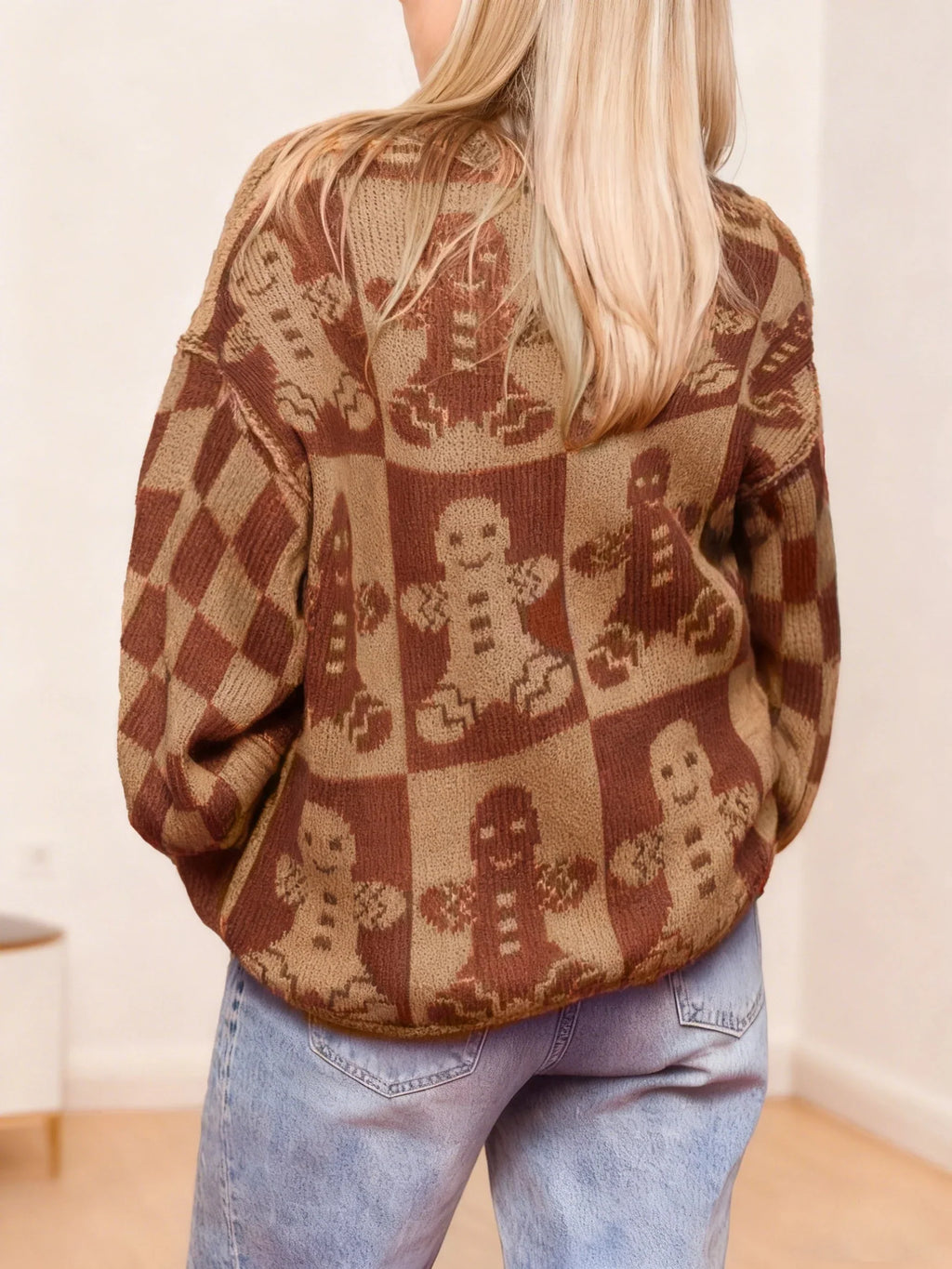 Women's Gingerbread Christmas Sweater Checkered Balloon Sleeve