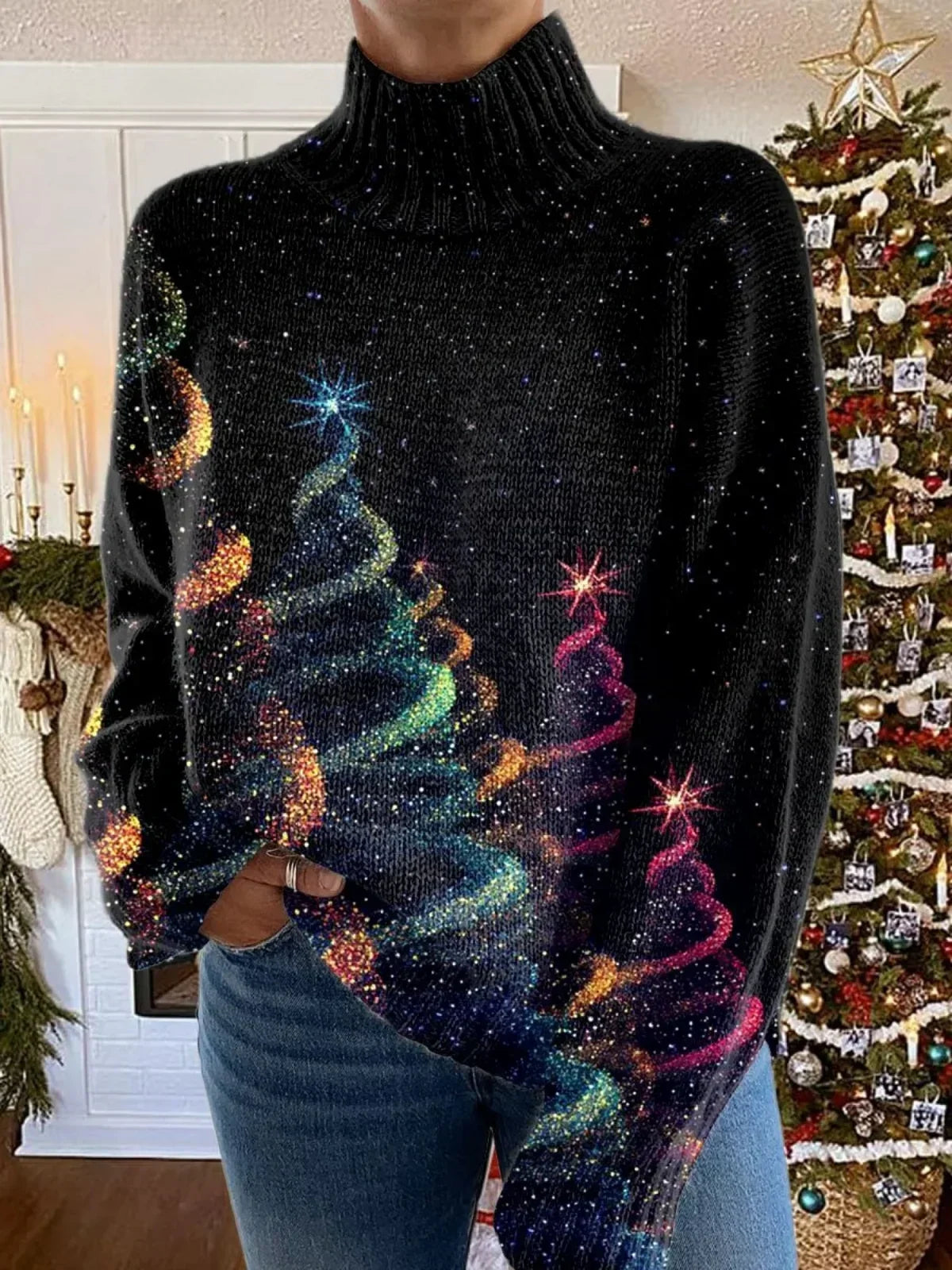 Women's Glitter Christmas Tree Sweater Turtleneck