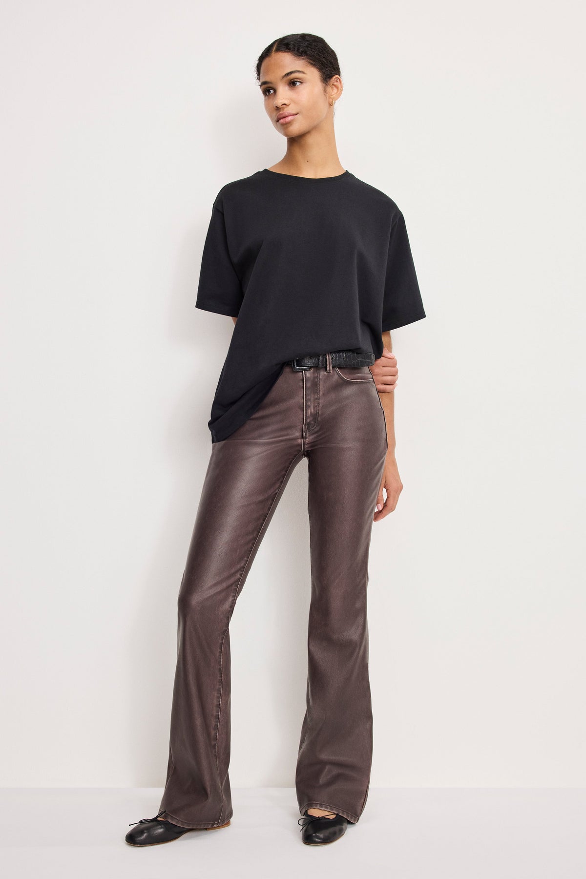 Women's High-Rise Faux Leather Bootcut Pants in Dark Brown