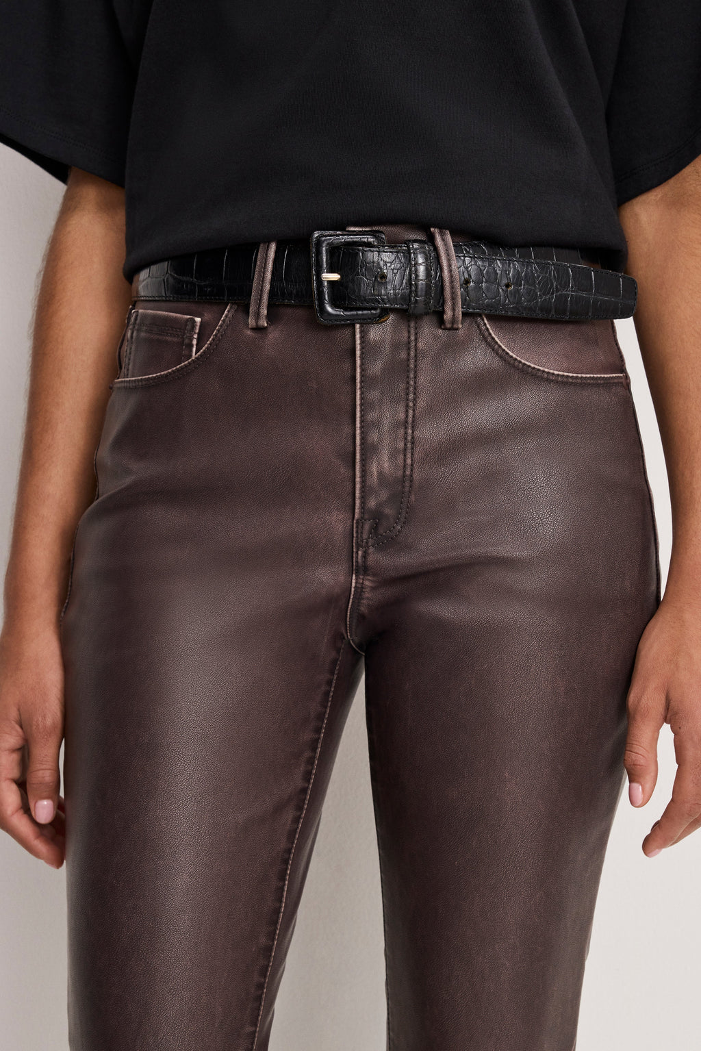 Women's High-Rise Faux Leather Bootcut Pants in Dark Brown