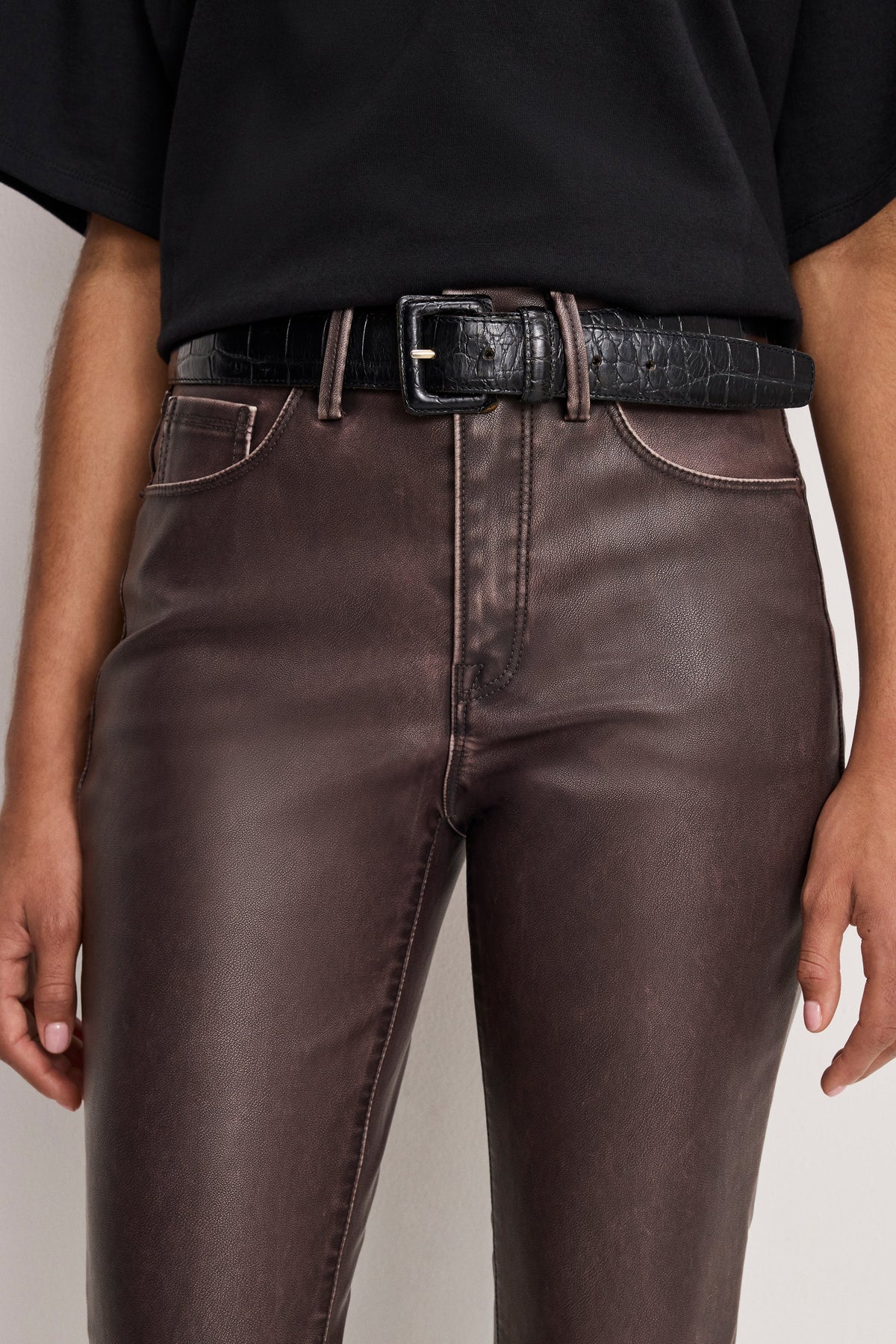 Women's High-Rise Faux Leather Bootcut Pants in Dark Brown