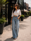 Women's High Rise Side Buckle Straight Jeans in Blue