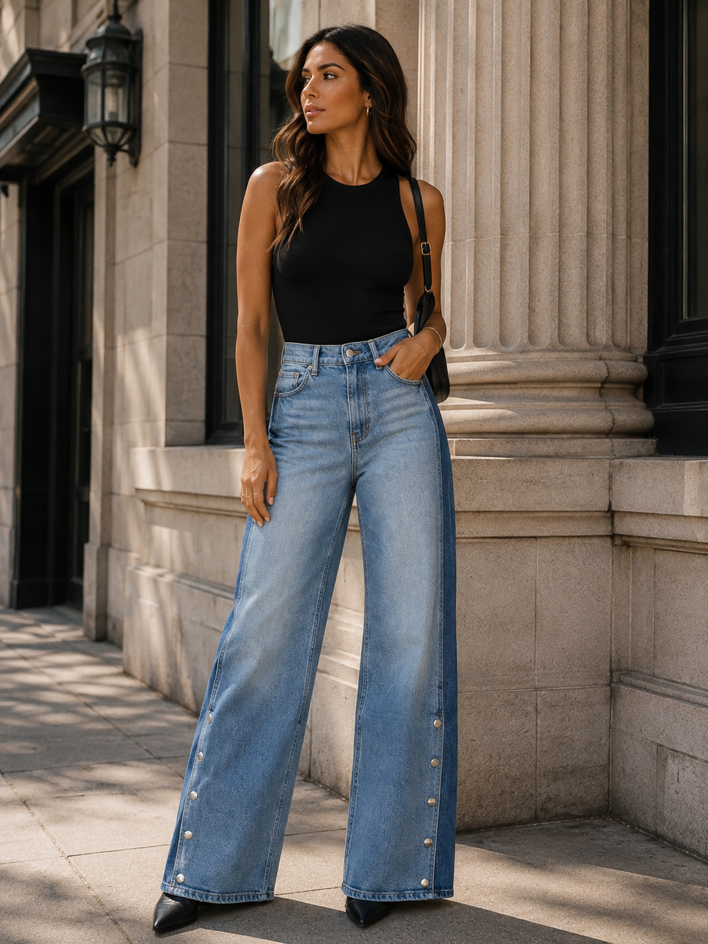 Women's Two-Tone High Rise Straight Leg Jeans in Blue